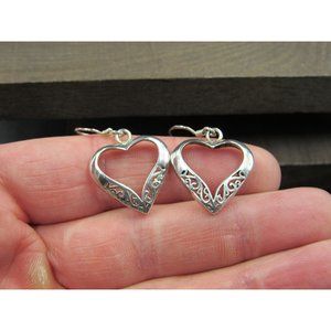 Sterling Silver Medium Love Heart Filigree Rustic Earrings Vintage Wedding